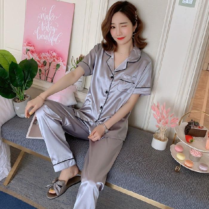 Женская пижама из шелка Ice Silk Plaid 2024 года, весна/лето — комплект из двух предметов с длинными рукавами