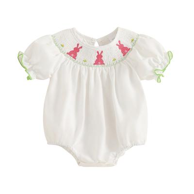 Детский пасхальный комбинезон для девочки с короткими рукавами-фонариками и вышивкой в виде кролика, присборенный комбинезон для новорожденного