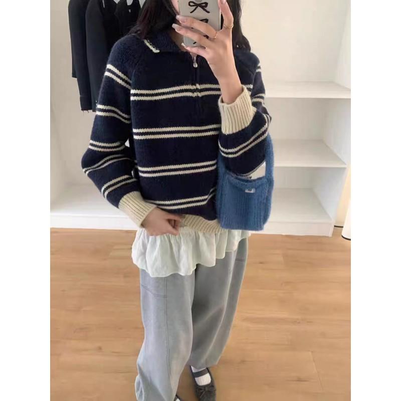 Korean Vintage Ribbed Collar Striped Colorblock Half-Zip Knit Sweater Women Loose Fit Winter Warm Pullover