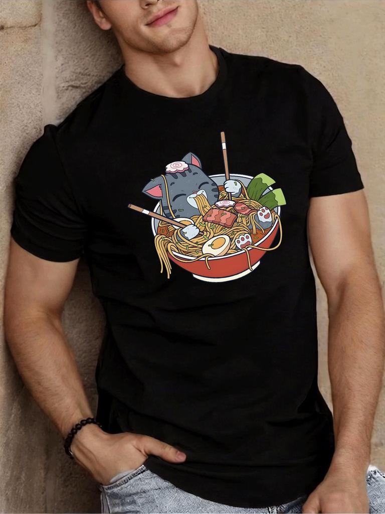 Men Crew Neck Short Sleeve Tee Cute Cat Inside Ramen Bowl Anime Print White Loose Casual Street