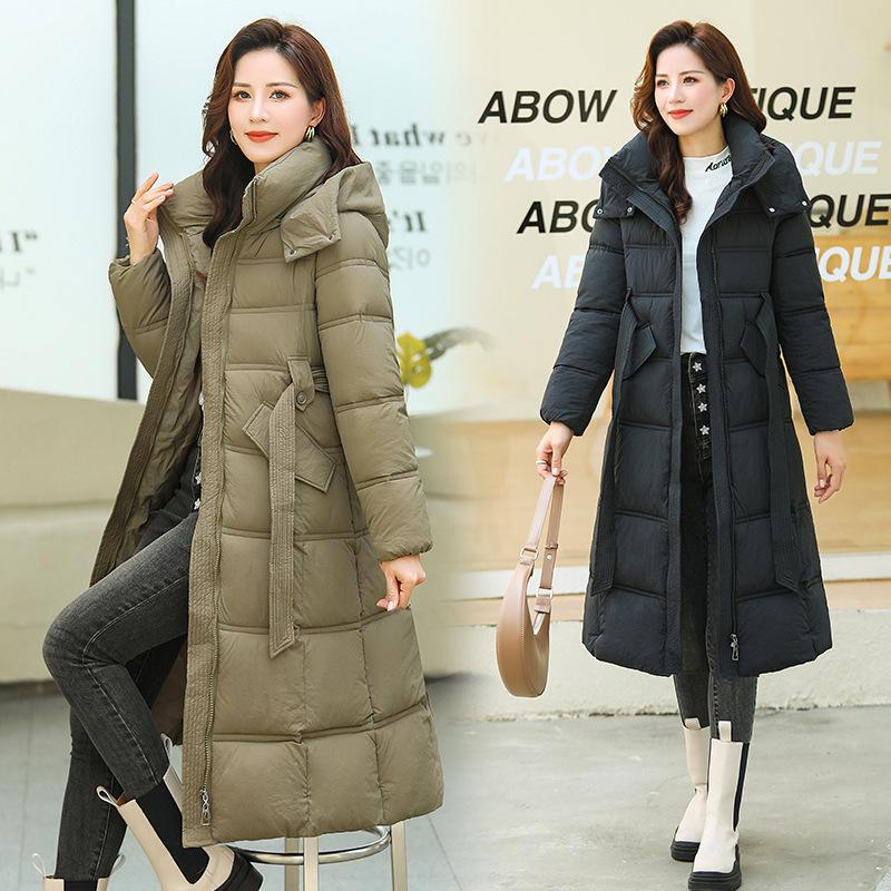Thickened long knee down cotton-padded jacket, winter new waist thin cotton-padded jacket, middle-aged cotton-padded jacket