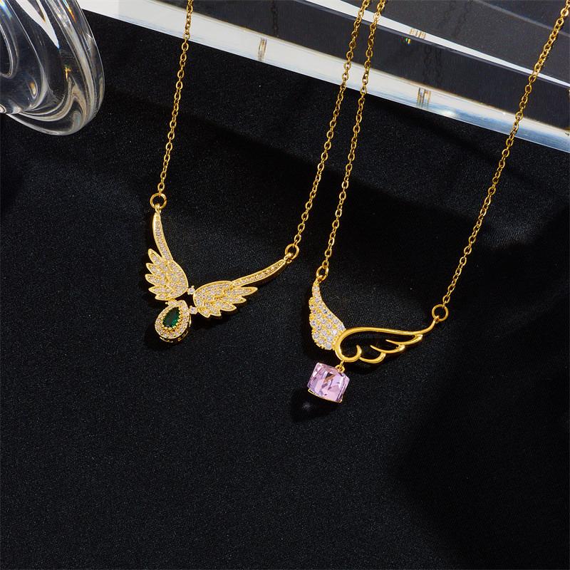 Fashion Popular Angel Wings Zircon Pendant Necklace Stainless Steel Chain Geometric Choker Jewelry Party Gifts For Women Girls