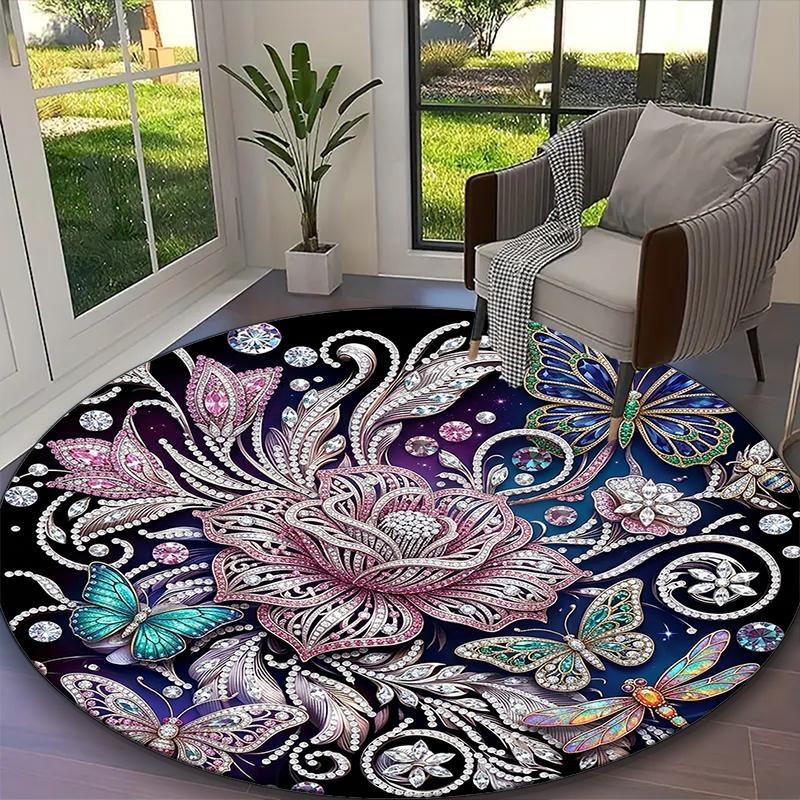 1pc Office Carpet, Earthy Beige Wildflower Butterfly Meadow Chair Rug, Living Room Printed Round Rug, Home Chair Floor Mat