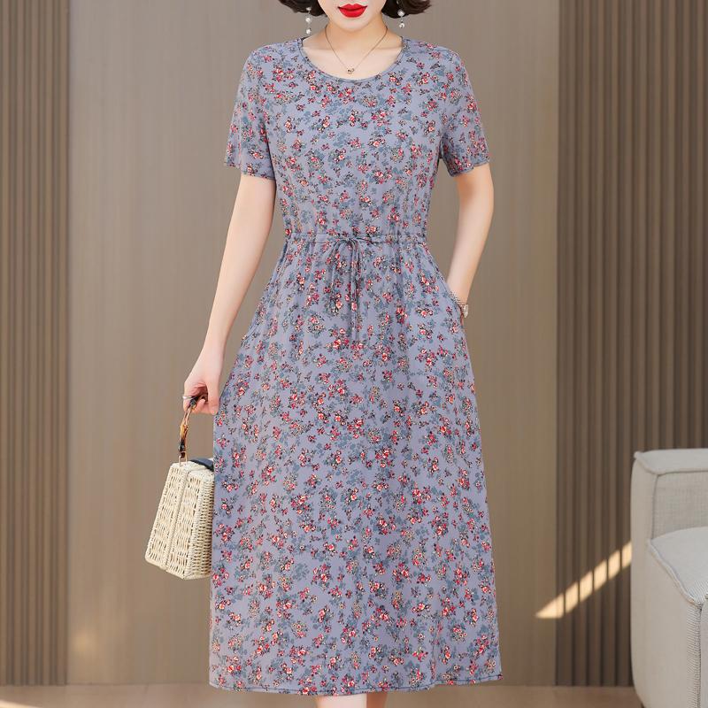 Plus Size Casual Summer Women's Dresses Elegant Slim Short Sleeve Vintage Print Long Dress Female Summer Clothes