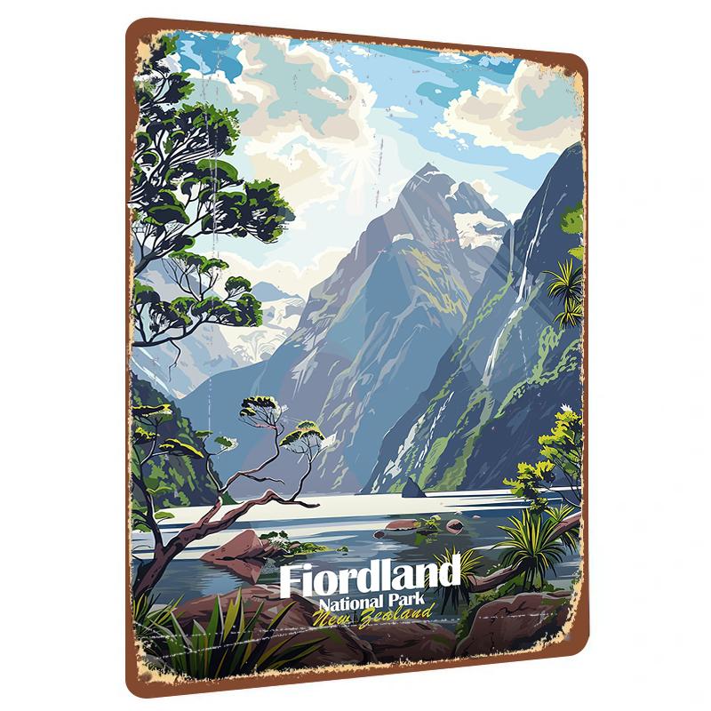 New Zealand Milford Sound Landscape Metal Wall Art Vintage Travel Souvenir Home Decor Poster