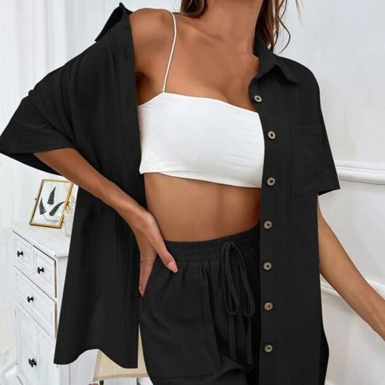 Женский комплект из 2 шт./компл., однотонный цветной воротник с лацканами, рубашка с короткими рукавами, шорты, блузка с высокой талией, свободная выше