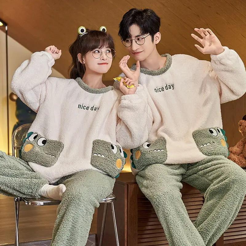Новая коралловая бархатная пижама для пар, женская утолщенная осенне-зимняя пижама, плюс бархатная фланель, мужской круглый воротник, домашний костюм