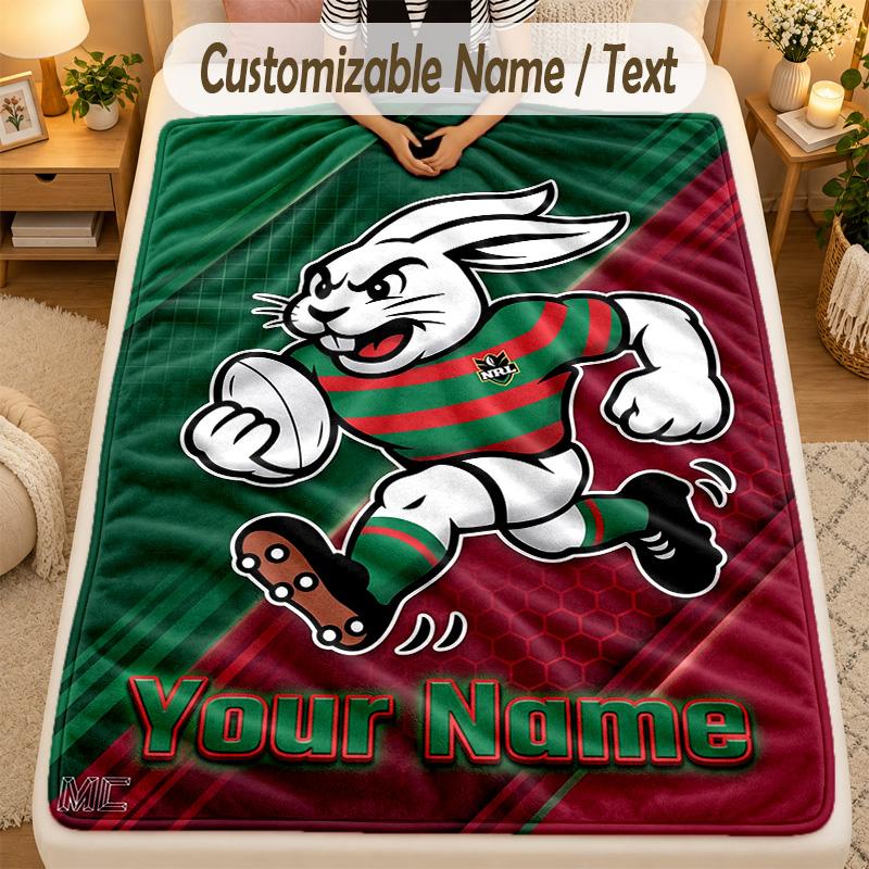 Flannel BlanketSouth Sydney Rabbitohs Custom Name Text Personalized Soft Warm Throw Blanket Home Decor Gift
