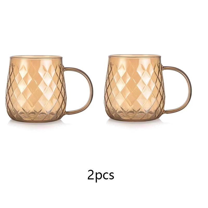 Набор из 2/4 стеклянных чашек с ромбовидной текстурой, золотистая кружка с ручкой, бытовая посуда для фруктов, чая, кофе, молока, набор чашек 380 мл