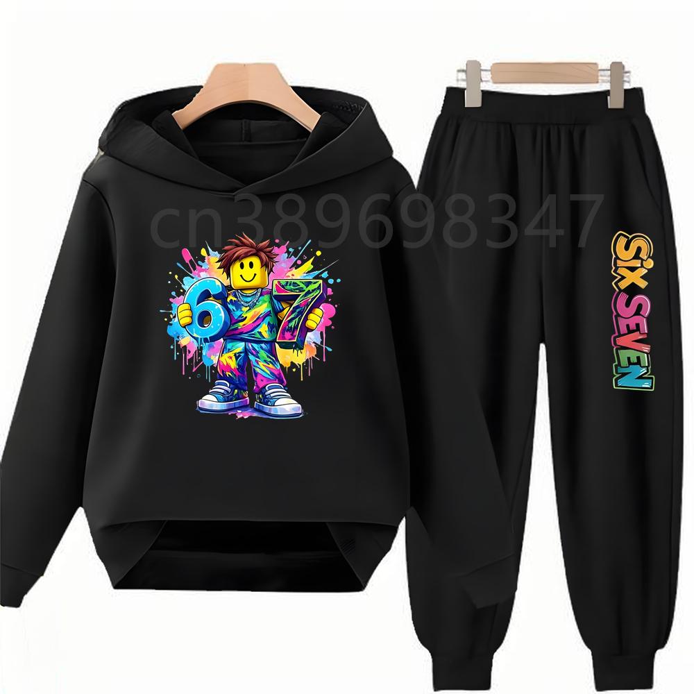 TZWYChildren's Hoodie Set 67 Number 3-12 Years Kids Girls Boy Black Tops+Pants Leisure Outerwear Sweatshirt Printing Clothing