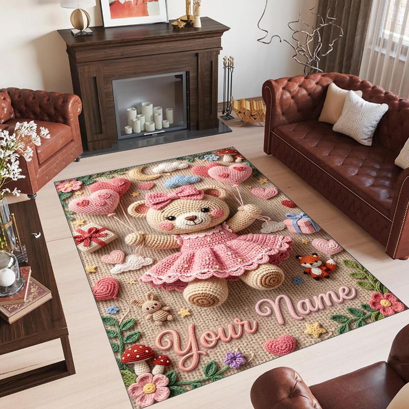 Teddy Bear Theme Crystal Velvet Rug Personalized Custom Name Text Soft Floor Mat Home Decor