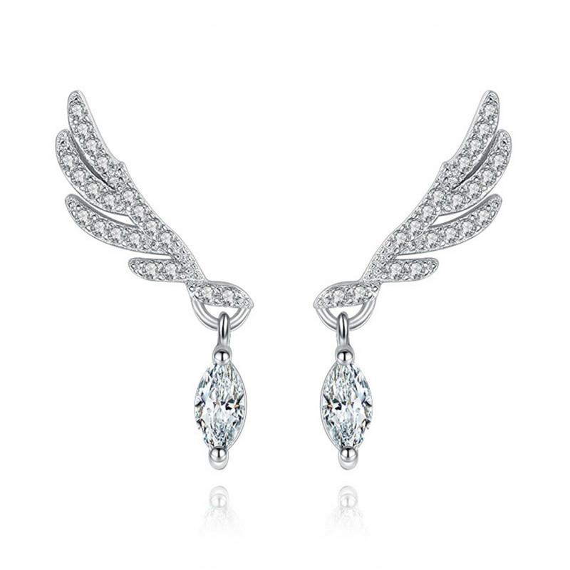 Women Korean Fashion Elegant 925 Silver Plated Vintage Simple Anti-allergy Zircon Crystal Diamond Angel Wings Studs Drop Wedding Earrings Jewelry Gift