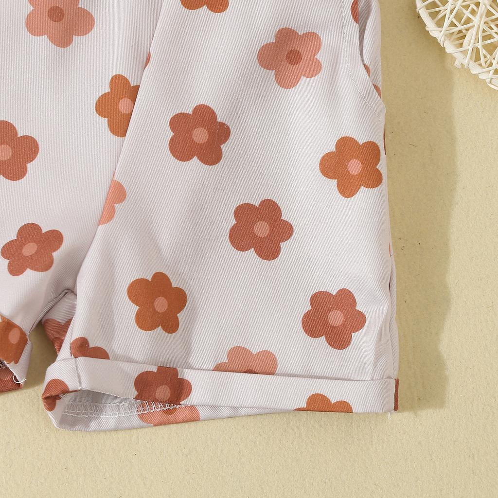 Toddler Girl Summer Outfit Solid Color Ribbed Short Sleeve Tops and Flower Print Suspender Shorts Overalls 2Pcs Clothes Set