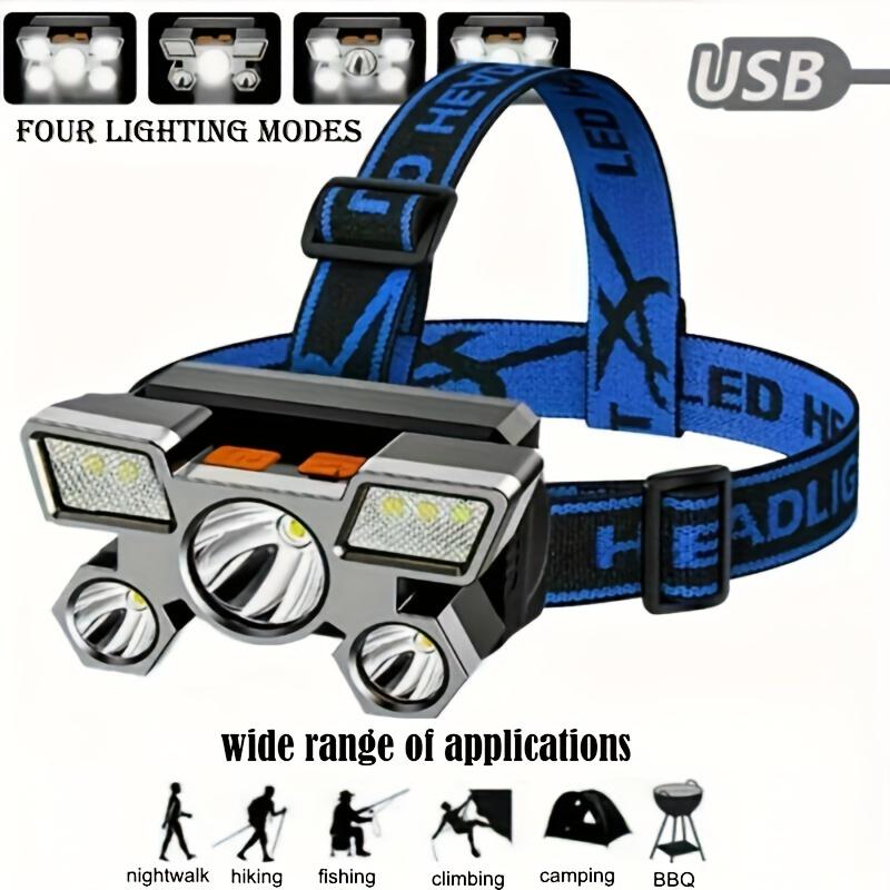 LED Strong Light Five Head Airplane Head Wearable Riding Light Outdoor Camping Fishing Headlight Long Endurance 4 Illumination Modes