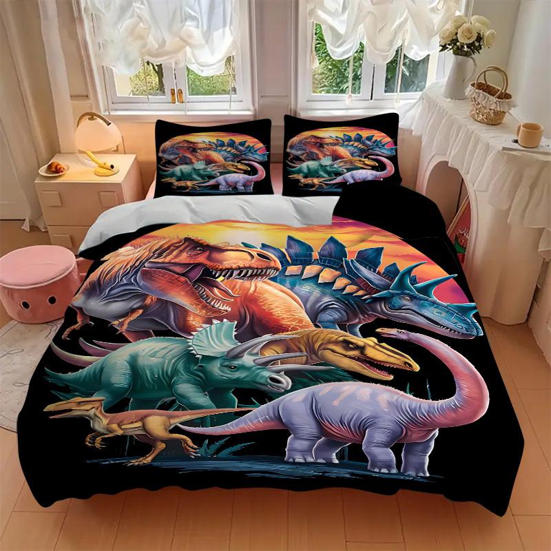 3pcs Dinosaur Illustration Duvet Cover Set - Machine Washable, Includes 1 Cover and 2 Pillowcases, No Core Included yy251013132