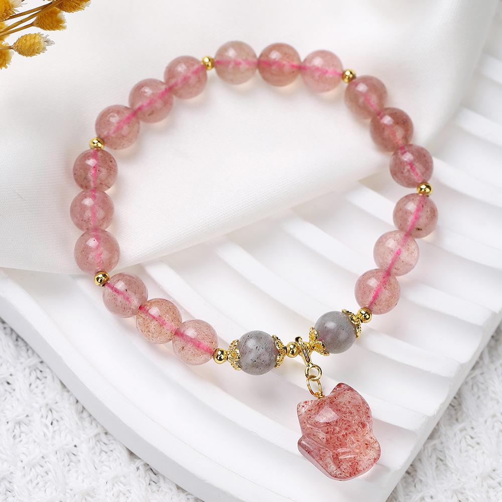 Трендовый браслет 2024 года из клубничных вафельных бусин с подвеской в виде лисы и серыми лунными акцентами для женщин