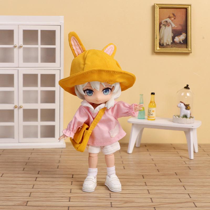 Светло-синий Розовый Одежда для Ob11 Малыша Рубашка+Штаны+Шляпа+Сумка Кролик Медведь Костюм для Детского Сада Molly Одежда для Малыша GSC Тело 12 Аксессуар BJD