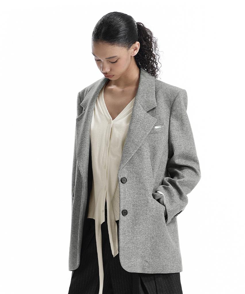 TREEMINGBIRD Back-Button Oversized Wool Blazer [ Gray ]
