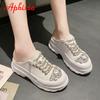 Fashion Aphixta Luxury Crystals Lace-up Toe Platform Slippers Women Rhinestone Slides Canvas Bling Shoes Wedge Thick Sole Slides
