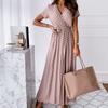 QICED Summer Short Sleeve V-neck Bohemian Polka Dot Print Dress Long Skirt