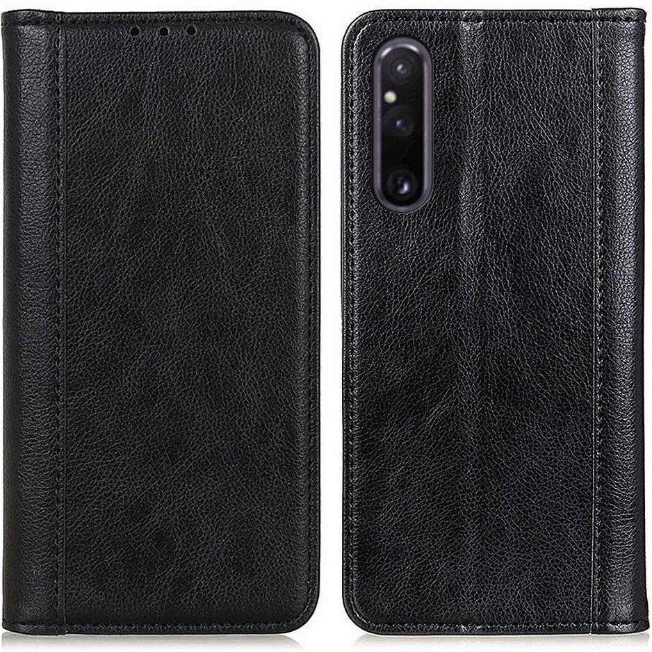 Case for Sony Xperia 1 V, Wallet Litchi Leather, Black