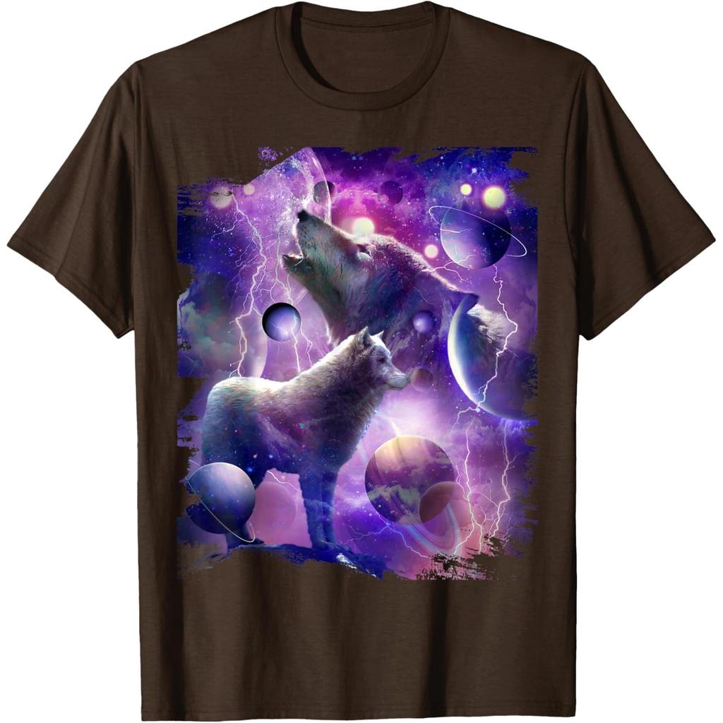 Cosmic Wolf Howling Graphic Tee Men Casual Round Neck Breathable Cotton Print Tshirt
