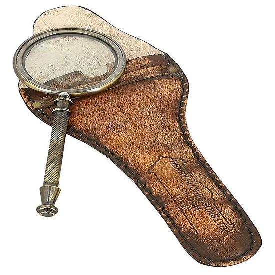 Лупа из цельной латуни в античном стиле с кожаным футляром