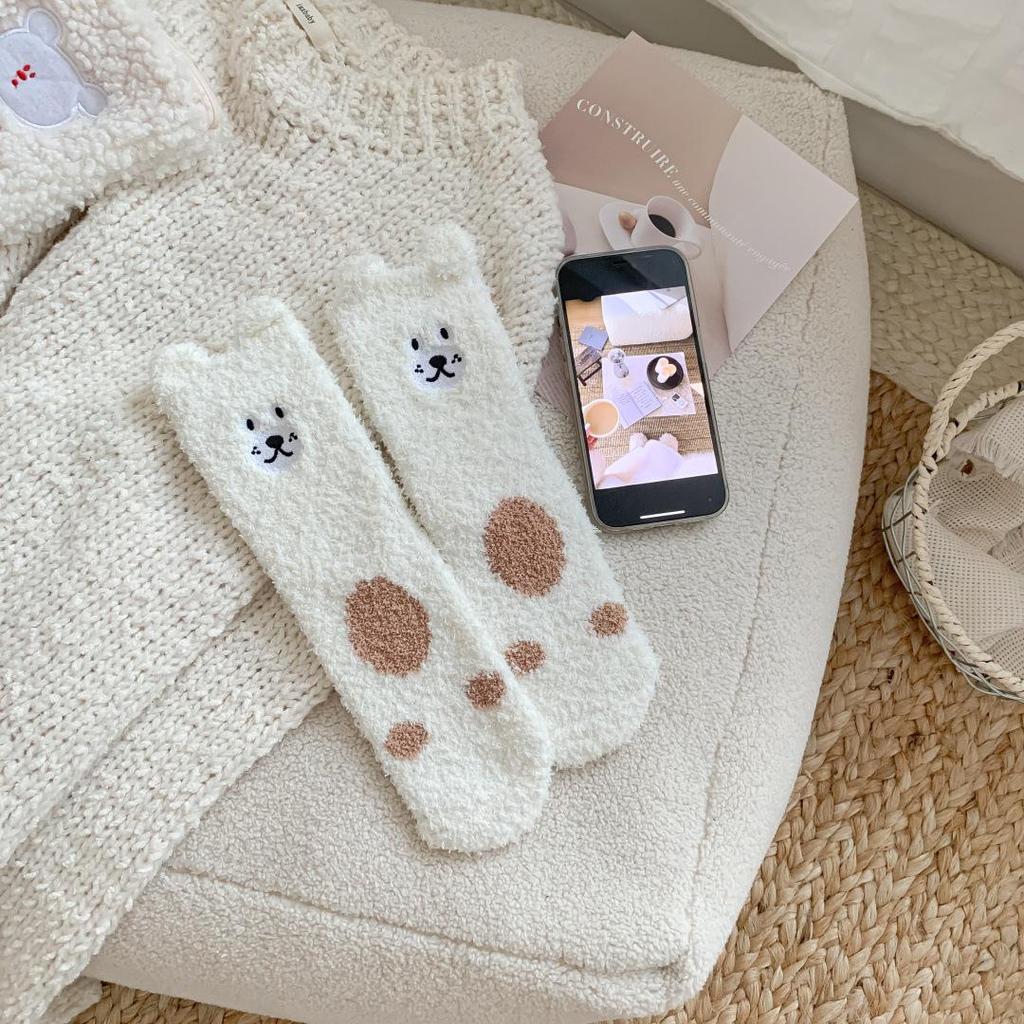 Женские неколючие носки из кораллового флиса с кошачьим принтом - Теплые, милые, до середины икры для осени и зимы