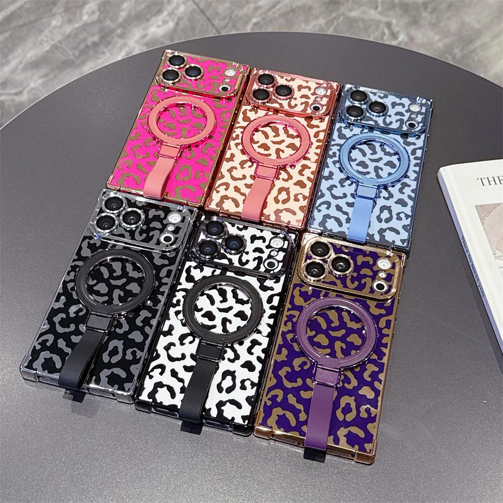Hot Luxury Leopard Print Magnetic Electroplated Phone Case for iPhone 17 Pro Max 16 15 14 13 Y2K Ring Holder Strap Protect Cover