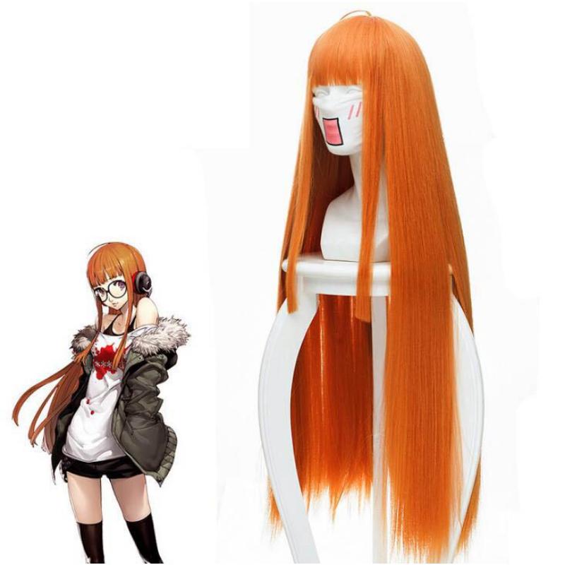 Anime 90cm Long Straight Wig Cosplay Persona 5 Futaba Sakura Orange Wigs Heat Resistant Synthetic Hair Women Cosplay Wigs