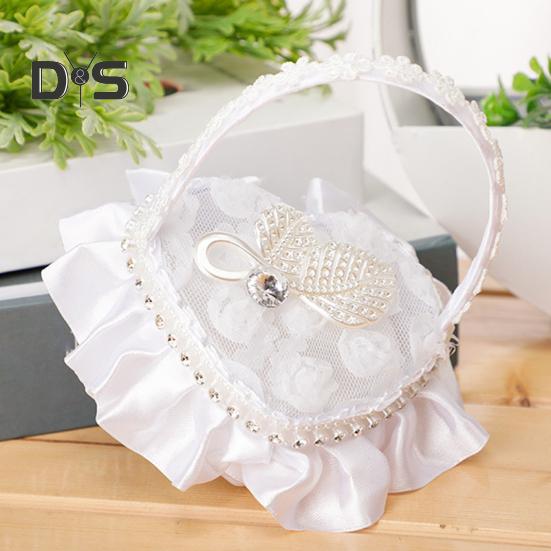 Rhinestone Decor Wedding Ring Pillow Rose Beautiful Wedding Elegant Lace Jewelry Case