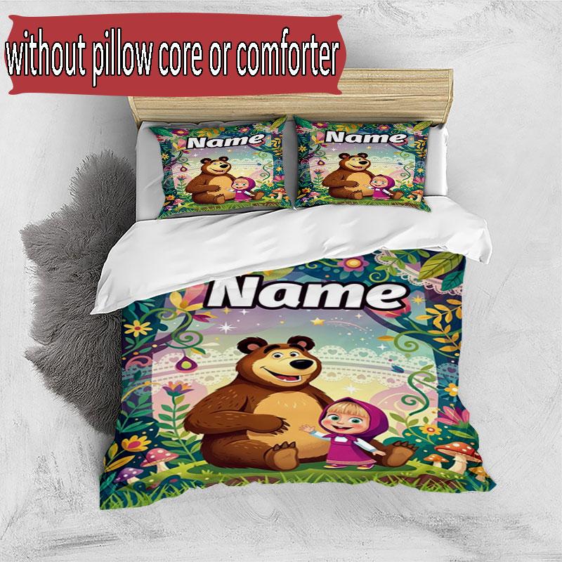3pcs Duvet Cover Set (1*Duvet Cover + 2*Pillowcase, Without Core), Custom Name Masha and the Bear Pattern Bedding Set, Home Bedroom Decor Gift