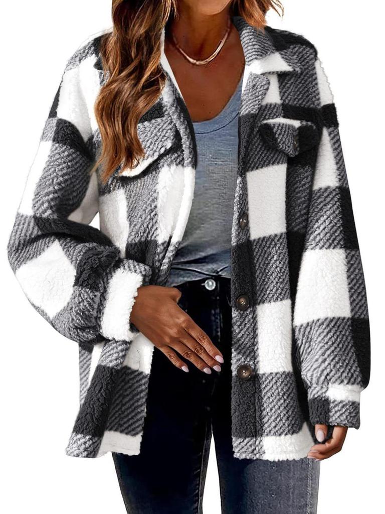 Plaid Pattern Lapel Button-Down Plush Coat for Autumn and Winter