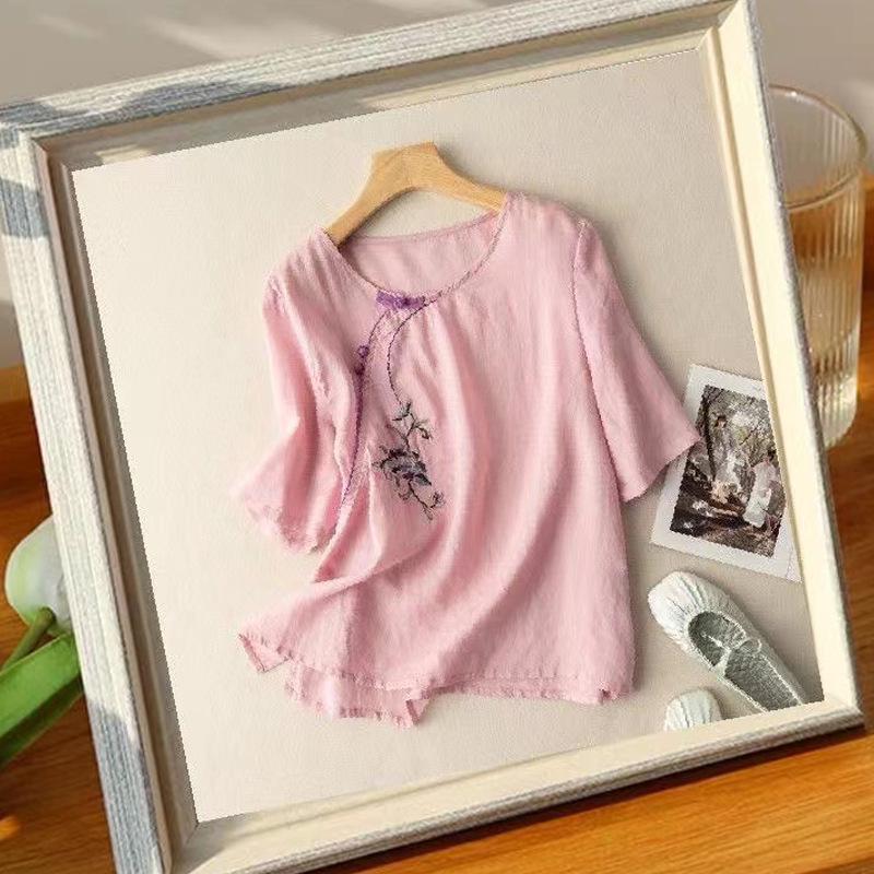 Women's 2024 Summer Cotton Linen Retro Embroidered Blouse with Frog Button and Diagonal Placket