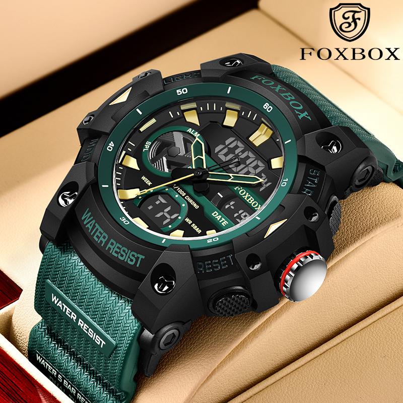 FOXBOX TOP Men's watches quartz wristwatch waterproof dual time display military men's clock watches for men reloj hommes+BOX
