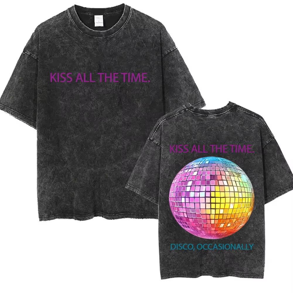 Kiss All The Time Disco Occasionally Washed Vintage T-shirts Fans Gift Men Women Fashion Pop Music Streetwear Male Oversized Tee