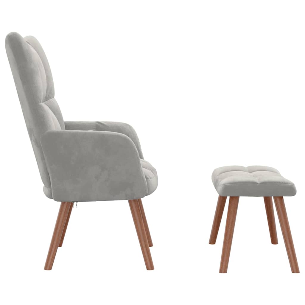 Velvet Armchair with Footstool Light Grey
