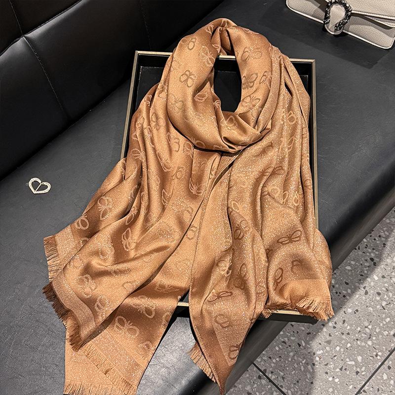 New Imitation Silk Fashionable Elegant High-end Long Silk Scarf Short Beard Shawl Long Scarf Tensile Cotton Gold Silk Scarf