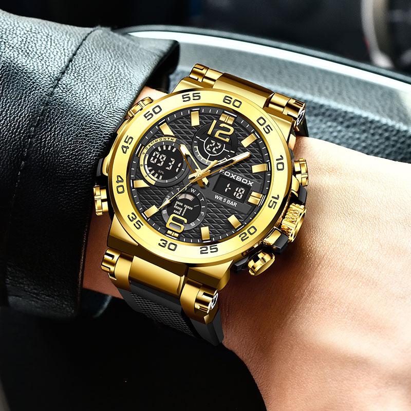 LIGE Men's Sports Watch 5ATM Waterproof Luminous Digital Dual Display Quartz Watch Fashion Chronograph