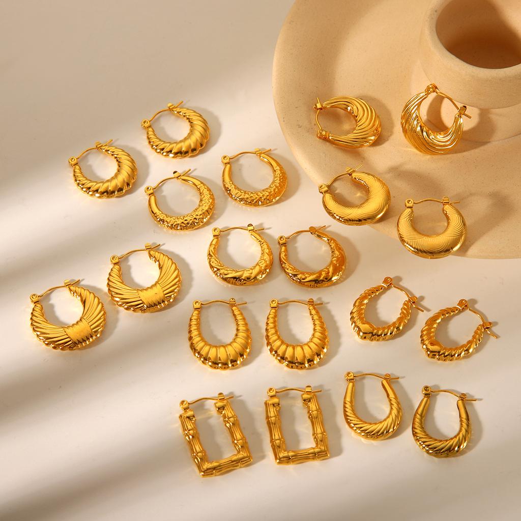 U-shaped 18K Gold Stainless Steel Earrings for Women, Fashionable Versatile Geometric Textured Titanium Steel Ear Jewelry