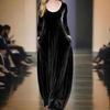 Women's Long-sleeved Round Neck Gold Velvet Elegant Long Dress