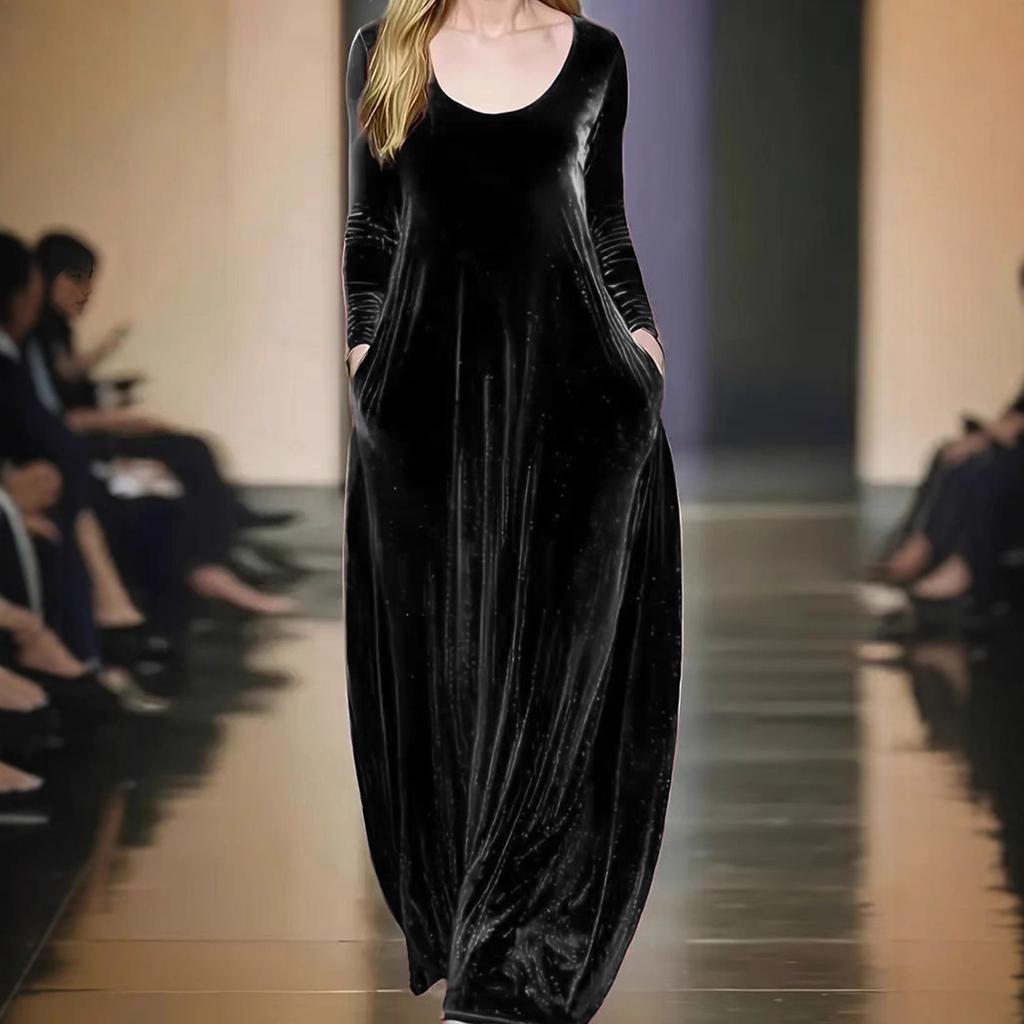 Женское элегантное длинное платье с длинным рукавом и круглым вырезом из золотого бархата