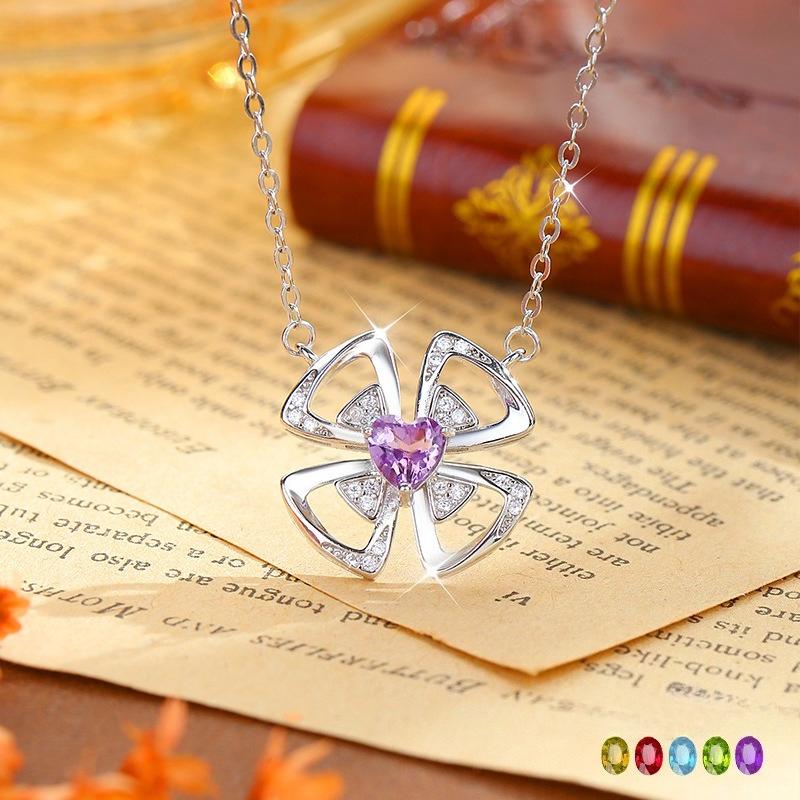 925 Sterling Silver Windmill Clover Necklace Natural Amethyst Crystal Pendant Cute Trendy Jewelry Gift for Women Girls Elegant Fashion Necklace for