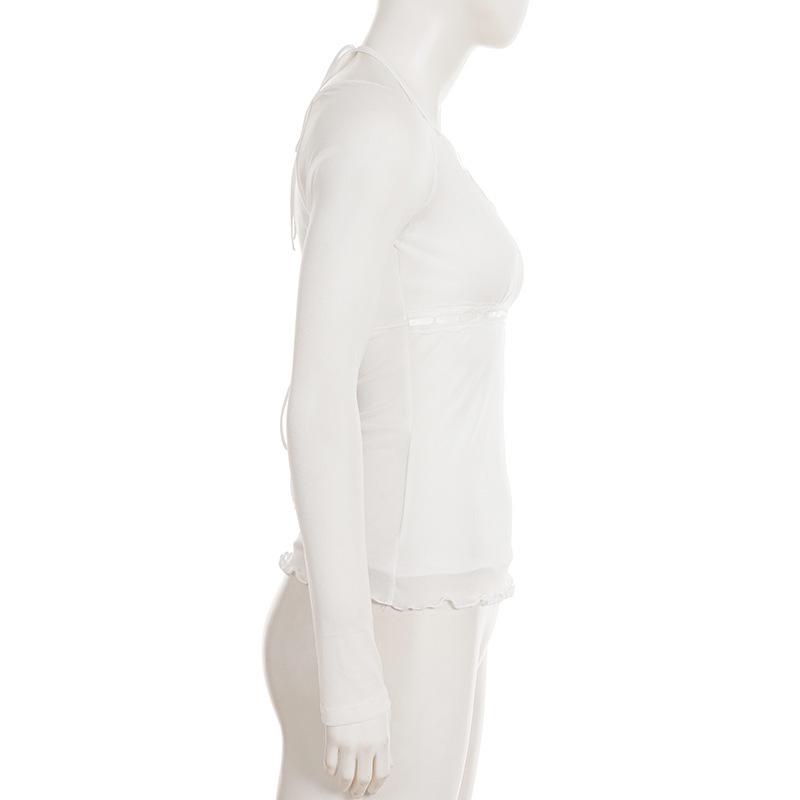 Стильный женский белый комплект из двух предметов с сетчатыми вставками, пэчворком и отделкой воланами, с прозрачным топом с длинным рукавом