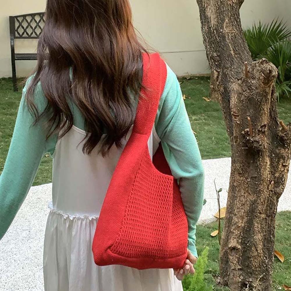 Sweet Knitted Tote Bag Breathable Large Capacity Crochet Shoulder Bag Solid Color Polyester Seaside Vacation Handbag Spring