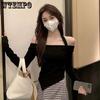Off Shoulder Cropped Top Sexy Slim Women Thin Sweater Knitted Pullover Hottie Long Sleeve Tight Undershirt Hanging Neck Design
