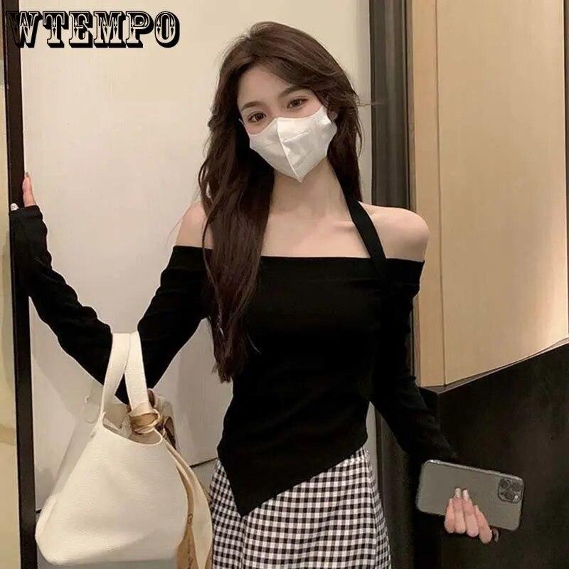 Off Shoulder Cropped Top Sexy Slim Women Thin Sweater Knitted Pullover Hottie Long Sleeve Tight Undershirt Hanging Neck Design