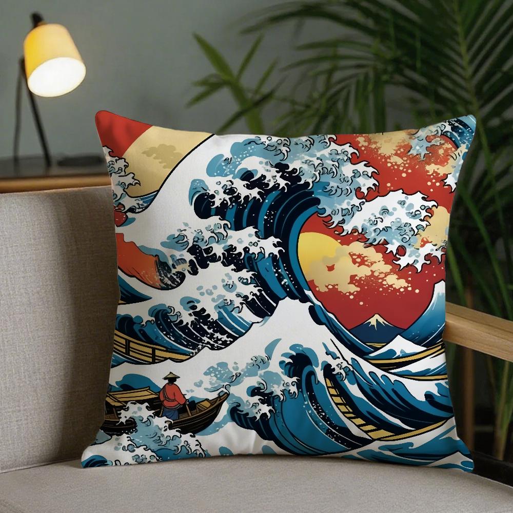 Art The Great Wave Off Kanagawa Pillow Case Square DoubleSided Printing Sofa Cushion Cover Pillowcase Bedroom Bedside