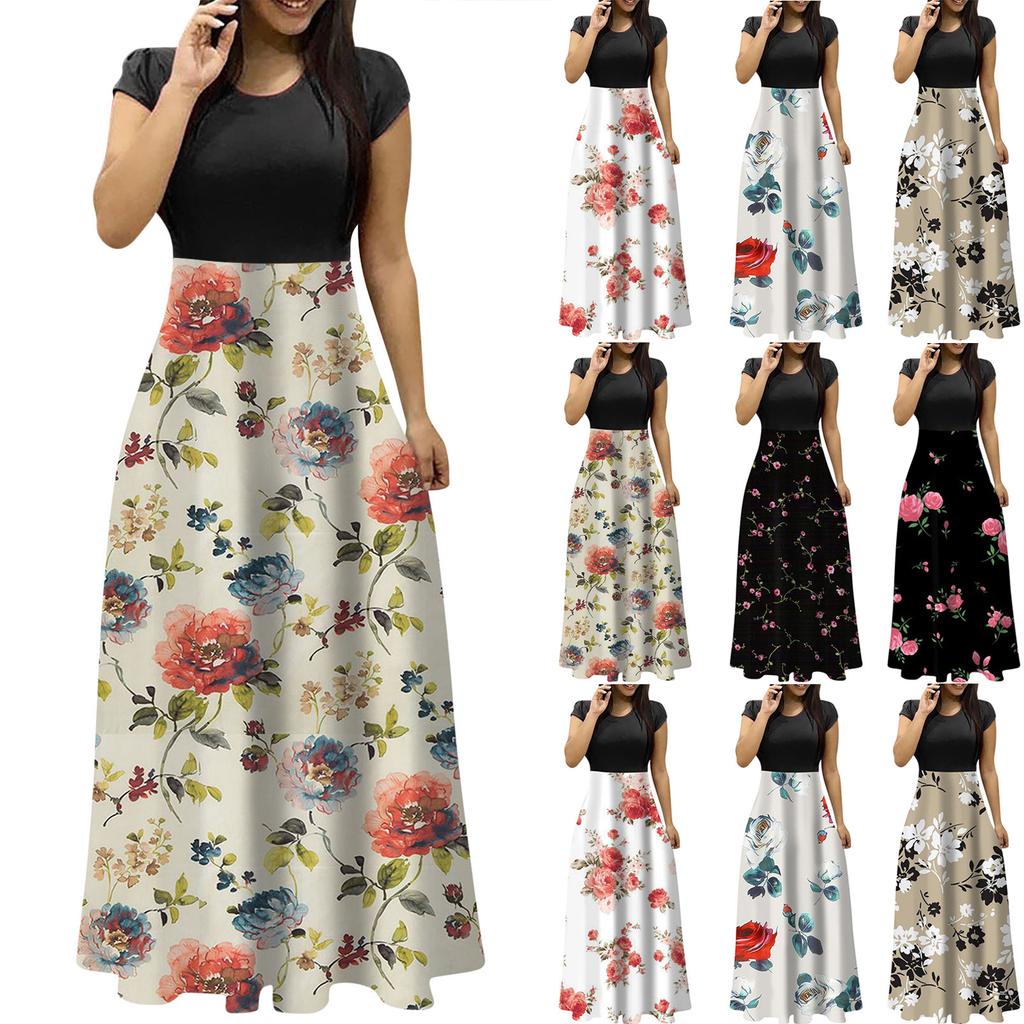 Women's Fashion Casual Loose Printed Round Neck Short Sleeve Long Dresses