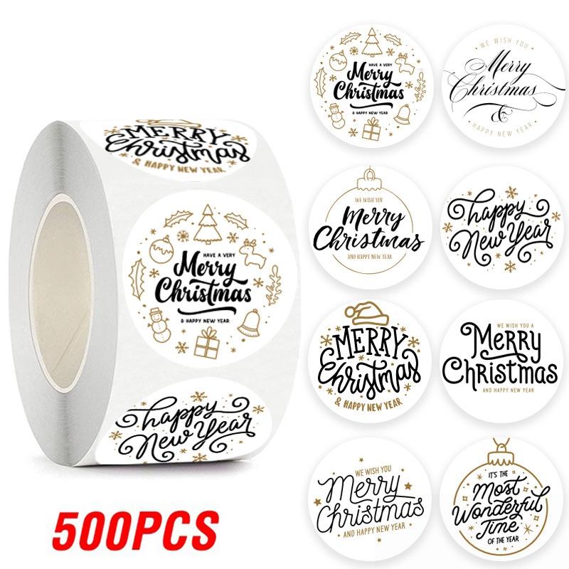 100-500pcs Merry Christmas Sticker , Round Adhesive Decoration Sticker for Cards Envelope Seal Xmas Gift Wraps Box Bags